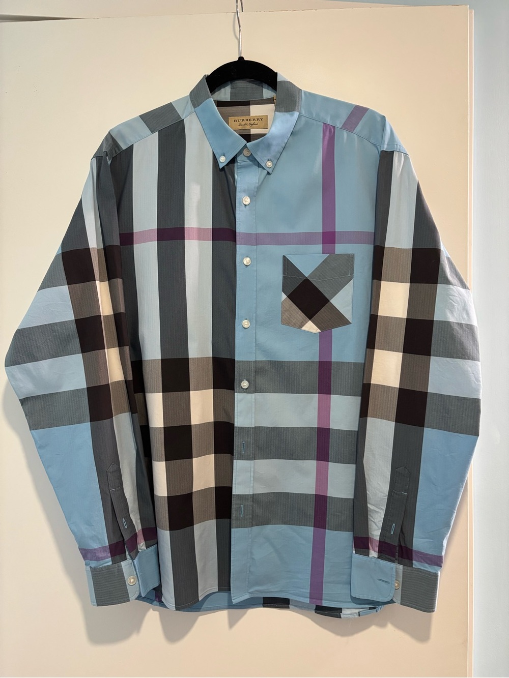 Burberry Light Blue Plaid Button-Down Shirt with Purple Accents